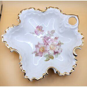 Vintage Porcelain Floral Leaf Dish Gold Trim Handled Decorative Dish jj3660